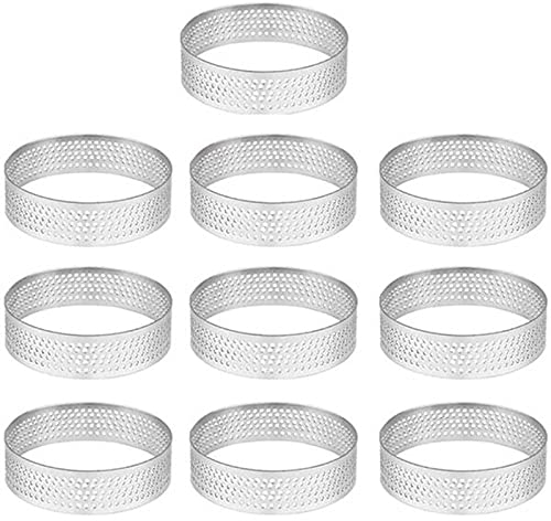 Tavrolet 10 Pack Stainless Steel Tart Ring, Heat-Resistant Perforated Cake Mousse Ring, Round Ring Baking, 8cm