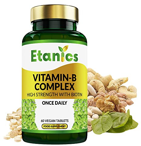 Etanics Vitamin B Complex High Strength - 60 Vegan Tablets – Contains All 8 B Vitamins in 1 Tablet - Vitamins B1, B2, B3, B5, B6, B12, Biotin & Folic Acid Supplement - Etanics – Made in The UK