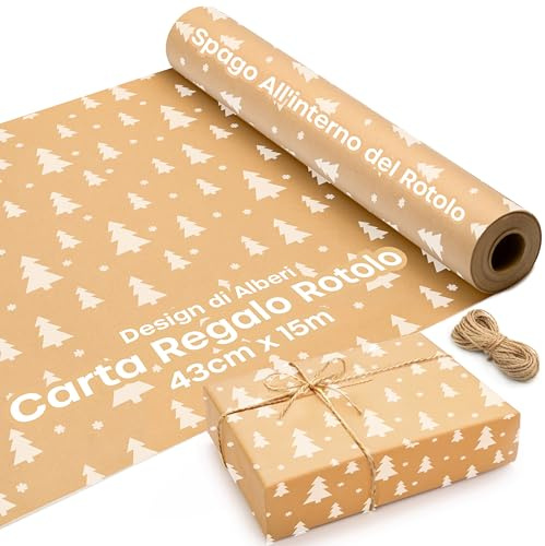 Papel Regalo Navidad Kraft con Diseño de Árboles - Rollo de Papel Regalo de 15 m x 43 cm con 2 Cuerdas de Yute - Ideal Como Papel Regalo Rollo y Papel de Regalo Navidad.