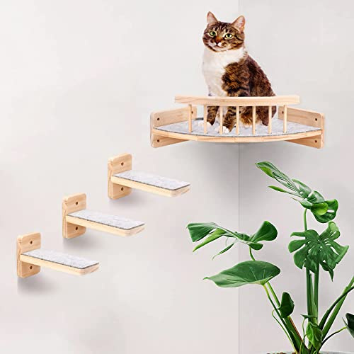 Kletterwand für Katzen Mit 3-Stufen, Katzentreppe, Regale und Perchen, Wandmöbel Kletterregal für Innen Mit Plüsch (Type-A)