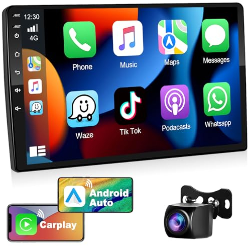Podofo Autoradio 2 Din con A-pple Carplay Wireless, 10.1'' 2 Din Android Auto Radio 2G+32G Car Stereo Radio con GPS/Bluetooth/WiFi/FM/EQ/26 UI/Doppia USB+Telecamera per Retromarcia AHD e Microfono