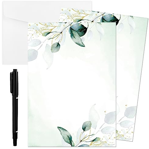 Tenare Set di 20 Biglietti Vuoti con Motivo di Eucalipto 20 Buste Bianche 1 Pennarello Cartoline con Foglie di Eucalipto Eleganti Carta di Invito per Matrimonio Festa Compleanno Auguri Congratulazioni