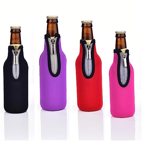 AF-WAN Funda para botellas de cerveza estándar de 330 ml, con cremallera, funda de neopreno engrosada antideslizante (4 unidades), color negro, morado, rojo, rosa