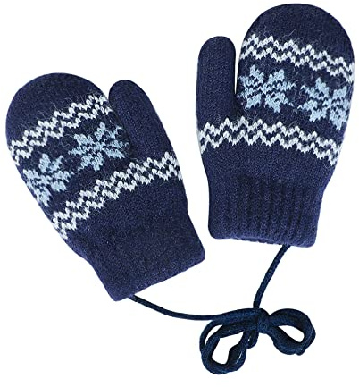 Moufles Enfant Hiver Gants de Ski en Tricot Doublure Polaire Motif Flocons de Neige Chauds Garçons Filles Mitaine Avec Corde Tour du Cou Accessoires Hiver 0-2 Ans