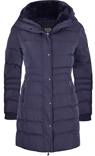 Spindle Womens Designer Winter Lined Parka Quilted Coat Fur Collar Hooded Long Ladies Womens Jacket (14, Navy Blue Hooded)