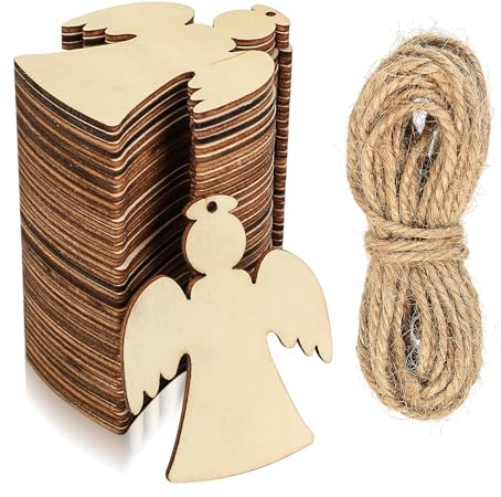 40 Stück Holzengel Klein, Engel Holz Engel Deko, Schutzengel Holzanhänger zum Bemalen, Unbehandelte Holzscheiben zum Basteln für DIY Handwerk Schnitzen Laser Gravur Malen, mit 5M Juteseil