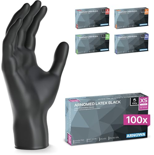 ARNOMED latex engångshandskar XS, svarta, puderfria, 100 st/ask, engångshandskar, latexhandskar finns i storlekarna XS, S, M, L & XL.