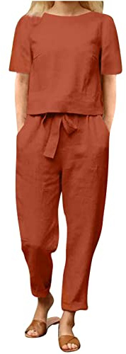 Women's Summer Tracksuits 2 Piece Outfits Linen Co Ords Sets Loose Fit Round Neck Short Sleeve T-Shirt Solid Cotton Linen Tops and Pants Casual Trousers Plus Size Loungewear