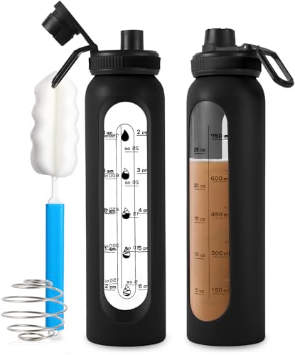 RhythmFit Glass Shaker Bottle 34oz/1L Black Glass Protein Shaker Bottle With Shaker Ball Large Shaker Bottles for Protein Mixes Portable Powder Mixer Blender Water Bottle for Gym Workout Sports