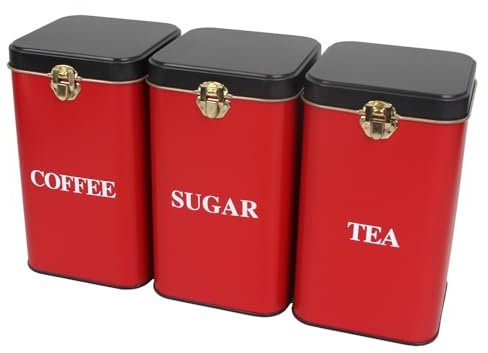 Hylruu Tea Coffee Sugar Canisters, 800ML 3 Piece of Red Metal Canister Storage Jar Container Set With Black Lid