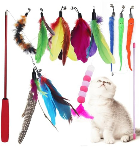 NANEEZOO Katzenspielzeug - Federspielzeug für Katzen, 12 Stück Katzen Spielzeug mit Ersatzfedern mit Anhänger Feder Glocke Befestigungen und Katzenangel - Interaktives Katzenspielzeug