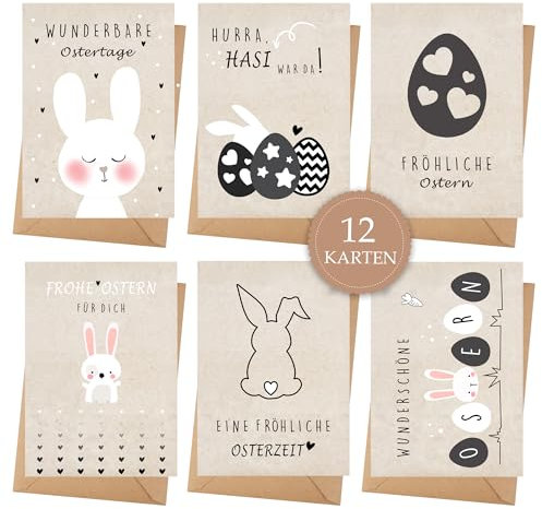 Goldziples 12 Osterkarten mit Umschlag Set - Hochwertiges Klappkarten mit niedlichem Hasen - A6 Frohe Ostern Set mit Sprüche - Grüße an die Familie - zum Schreiben und Drucken