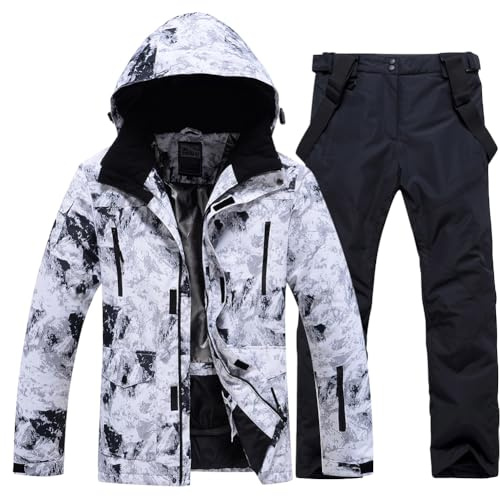 HOTIAN Tuta da neve da uomo uomo giacca da sci e pantaloni set inverno caldo neve sci set per escursioni arrampicata snowboard isolato, 5 bianco+nero, XL