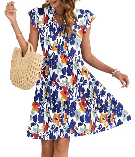 AUSELILY Robe ete Femme col en V Volants Manches Courtes Taille élastique Mini Robe Décontractée avec Poches Fleurs Bleu Orange L