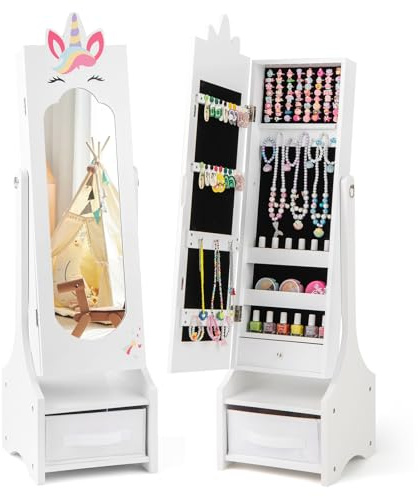 COSTWAY Kids Jewelry Cabinet Armoire, Freestanding Full Length Mirror with Storage Drawers, 2 Adjustable Tilt Angles, Girls Vanity Dress Up Mirrors for 3 + Years Old (White)