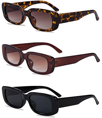 Lunettes de Soleil Rectangulaires pour Femmes Filles Mode Rétro Lunettes Carrées Lunettes de Soleil avec Protection UV400 pour l'extérieur, Voyager, Conduite, Eté Fête, Accessoires Photo 3 Paires