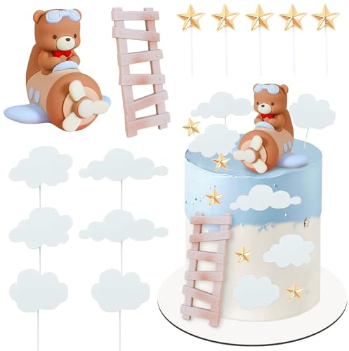 Decoracion Tartas Oso Cumpleaños 13 Piezas Topper Tartas de Aviones Estrellas y Nubes Fiesta de Temática de Aviones, Fiesta Temática de Viajes de Aventura, Fiestas de Bautizo Niños, Baby Shower (A)