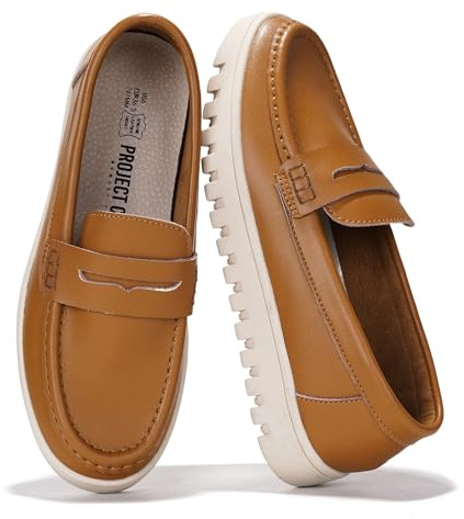 Project Cloud 100% Genuine Leather Loafers for Women – Memory Foam Insoles Slip On Shoes for Women – Lightweight Womens Shoes – Non Slip Womens Loafers (Filide1,COGNACT,8)