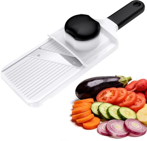 Ibergrif M526 Mandolinenschneider Handgerät, Gemüsehobel mit 1–4 mm einstellbarer Schnittstärke, Edelstahlklingen, Restehalter, Sicherheitsverriegelung, für Obst und Gemüse, kompakt & zeitsparend