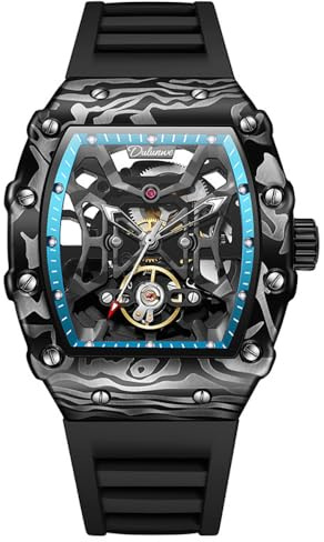 DAXIAOYU innovativ svart ihåligt skelett för män automatisk mekanisk klocka kolfiber legering fodral Tourbillon armbandsur lysande silikonrem vattentät affärsklockor, Svart blå, Lyx