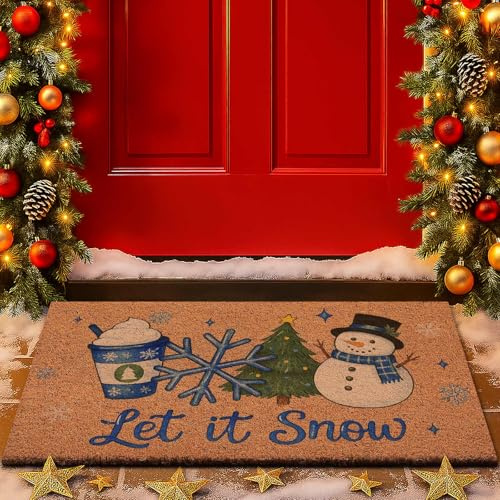 Lanpn Christmas Welcome Natural Coir Door Mat, Snowman Coco Front Door Outdoor Doormat Outside Entrance Porch Non Slip Rubber Rug Winter Xmas Farmhouse Decor (Brown, 42x75cm)