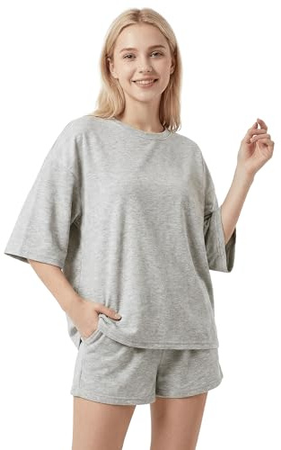 PJGGZ 2 Piece Sets for Women 3/4 Sleeve Lounge Pajama – Casual Sleep & Daily Wear with Drawstring Shorts(L, Grey)