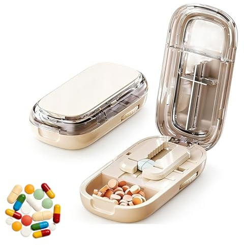 Tragbarer Tablettenteiler 1/4 und 1/2, Verstellbarer Tablettenschneider mit Aufbewahrungsfach für Alle Tabletten, Tablettenteiler Aus Edelstahl für Schneiden Mehrerer Pillen (Weiß-1/2+1/4)