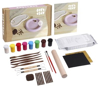 LET'S CLAY - Pottery Kit för vuxna med lufttorkande lera, verktyg, färger, penslar och en stämplare med bokstäver och siffror, lufttorkssats för nybörjare