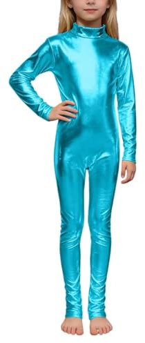 Generisch Combinaison de ballet métallique pour enfant - Manches longues - Avec col roulé - Sans pied - Zentai - Fitness - Sport - Justaucorps de gymnastique pour fille, bleu ciel, L