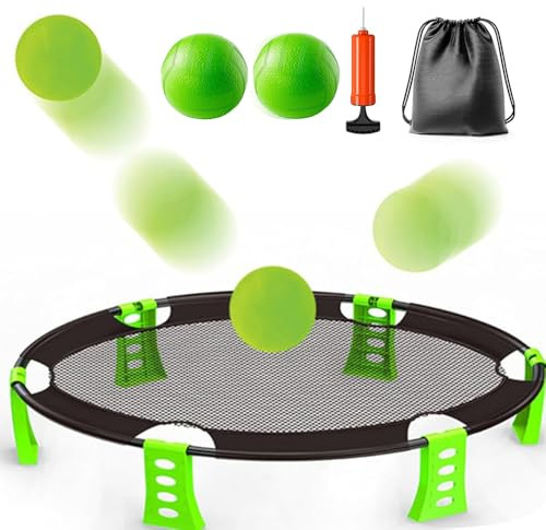 SKIKHN Roundnet - Juego de 2 pelotas para exteriores, bomba y bolsa con cordón, juego de juegos de equipo para playa, césped, patio y parque