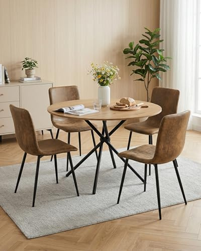 Ginhow Tavolo da pranzo con 4 sedie, tavolo da pranzo rotondo 120 cm, effetto rovere, set con 4 sedie da pranzo in effetto camoscio, moderno gruppo da pranzo imbottito, design industriale