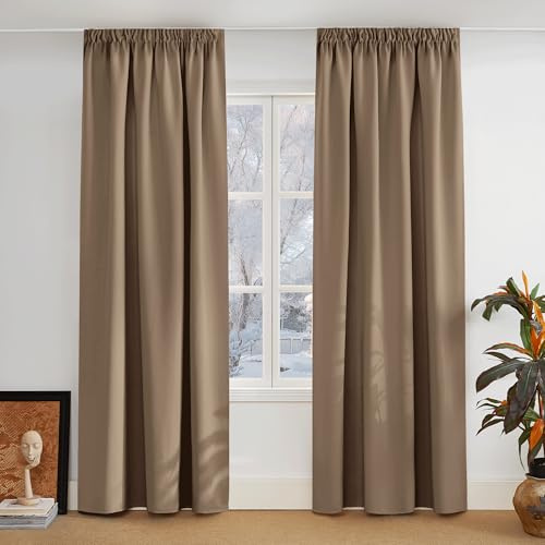 PONY DANCE Blackout Pencil Pleat Curtains, Cappuccino, W90 x L90, 2 Panels | Thermal Insulated Curtains with Noise Reducing & Privacy, Luxury Soft Window Treatment for Bedroom & Living Room