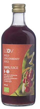 Zumo de Arándano Rojo Silvestre Orgánico LOOV, 500 ml, 100% arándanos rojos prensados ​​directamente, contiene polifenoles, sin agua ni azúcar añadido, elaborado de forma silvestre en bosques nórdicos
