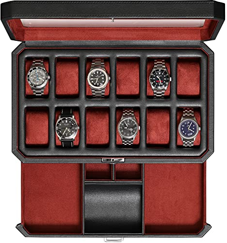 ROTHWELL 12-Fach-Leder-Uhrenbox mit Valet-Schublade – 12-Fach-Luxus-Uhrenetui, Display-Organizer, Microsuede-Einlage, Herren-Accessoires-Halter, Schmuckkästchen, Schmuck-Display-Organizer(Schwarz/Rot)