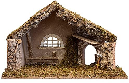 VILLAGE GIFT IMPORTERS Nativity Creche Stable | 12 Tall and 19 Wide | 2 Styles | Realistic Moss Hay Wood and Fabric | Made in Italy (Saw and Sticks)