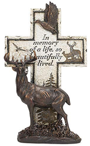 Napco Imports Deer Cross Bronze Tone and Ivory 12.5 Inches Polyresin Sentimental Memorial Plaque