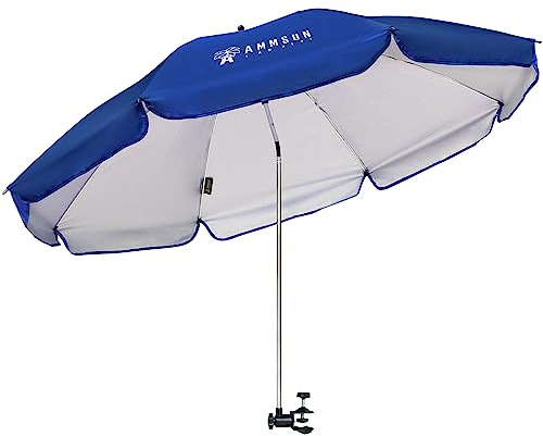 AMMSUN XL stolparaply med universalklämma justerbar 132 cm och 360-graders vridbar UPF 50+, bärbar klämma på camping eller strandstol, barnvagn, rullstol, golfvagn, blå, stor storlek