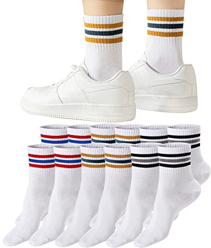 Mottee&Zconia Quarter Crew Sock for Womens/Mens Retro Vintage Old School Vibe Cotton Strips White Socks 6 pack