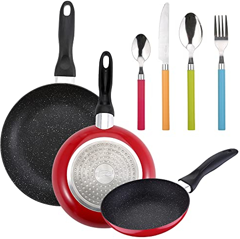 PACK DE 3 SARTENES SAN IGNACIO Ø16CM Ø20CM Ø24CM + SET DE 24PC CUBERTERÍA EN ACERO INOXIDABLE CON MANGOS DE MULTICOLOR