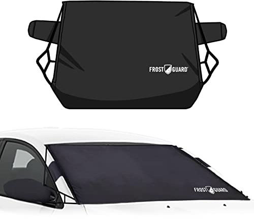 FrostGuard Deluxe | Heltäckande vindruteskydd för bil för is och snö, standardstorlek – torkarblad + sidospegeltäckning – Fit-Fasta remmar + säkerhetspaneler – svart, 100 x 140 cm