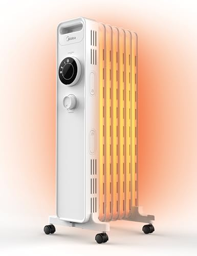 Midea NY1507-22M - Radiatore a olio, 1500 W, silenzioso, riscaldamento elettrico con 7 nervature, termostato, 3 livelli di riscaldamento, protezione contro il ribaltamento e il surriscaldamento,