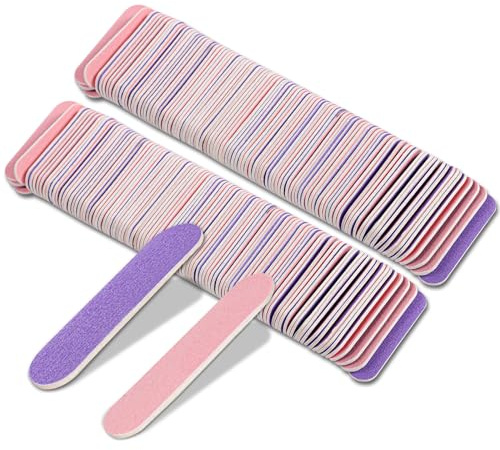 Tomtary 100Pcs Emery Board for Nails - Disposable Double Sided Mini File 180/240 Grit Professional Care Buffering Files for Manicure, Studio, Salon (Light Pink and Purple)