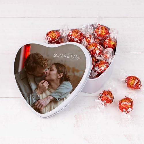 Wanapix | Cioccolatini Personalizzati Foto e Testo | Scatola forma di Cuore | 22 Praline al Cioccolato alle Nocciole | Regale Originali San Valentino | 6x15x5 cm