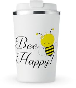 MAXIKIWI - Insulated Double Walled, Leakproof Stainless Steel Mug, Coffee or Tea Travel Tumbler with Lid, Keep Drinks Hot and Cold - Bee Happy This Spring - 350ml