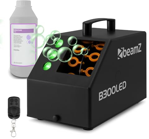 Beamz B300LED Pro Bubble Machine with RGB LEDs, Wireless Remote Control & 1L Liquid, Compact DJ Equipment Ideal for Parties, Kids Events, Weddings and Celebrations