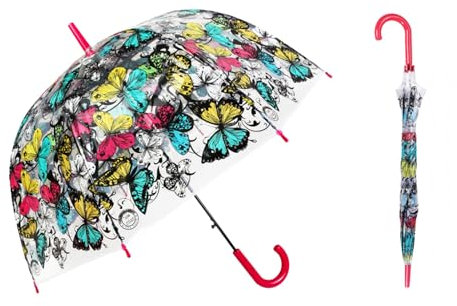 ThreeH Women's Transparent Umbrella Durable Windproof Dome Romantic Elegant Rain Umbrella Automatic Open POE Canopy,Red