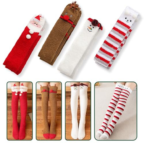 Kuaikely 4 Paia Calzini Natalizi Donna, Calzini Natalizi, Calze Termiche Donna Natalizie, Calzettoni Da Casa, Caldo Calze in Pile Corallo, in Pile Corallo, Calze Pelose, Regali Natale per Donna(C)