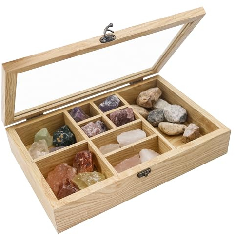 GMFrames Rock Display Case 9 Grids Gemstone Case,Crystal Holder Rock Collection Box,Healing Crystal Storage Box,Crystal Organizer Shelf,Crystal Display Case with Glass Lid Natural