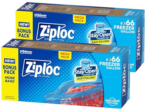 Ziploc Gallon Food Storage Freezer Bags, 132ct Total, Stay Open Design, Easy to Fill, 66 Count, 2 Pack, 132 Total
