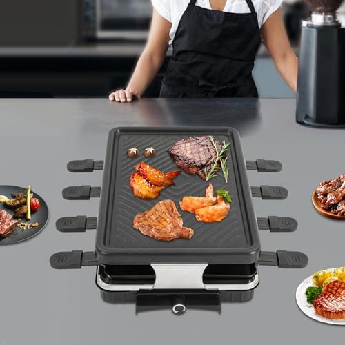 JUDEMII SC-507 Barbacoa eléctrica con revestimiento antiadherente 1300 W Barbacoa de mesa con 8 sartenes pequeñas Barbacoa eléctrica con espátula Barbacoa para asar filetes, pollo,